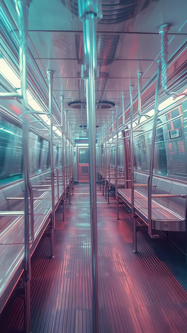 Vertical video: Moving camera tracking vertical pole through empty subway car with seats receding
