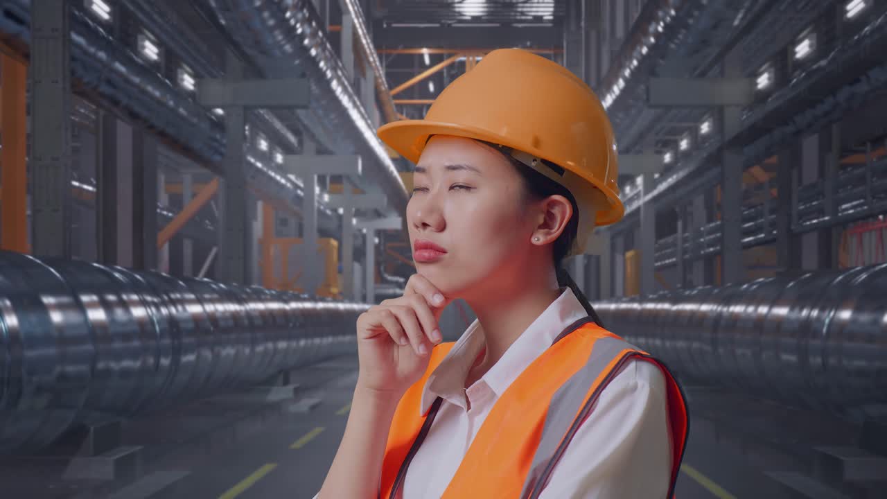 Close Up Side View Of Asian Female Engineer With Safety Helmet Thinking About Something And Looking Around While Standing With Metal Pipes