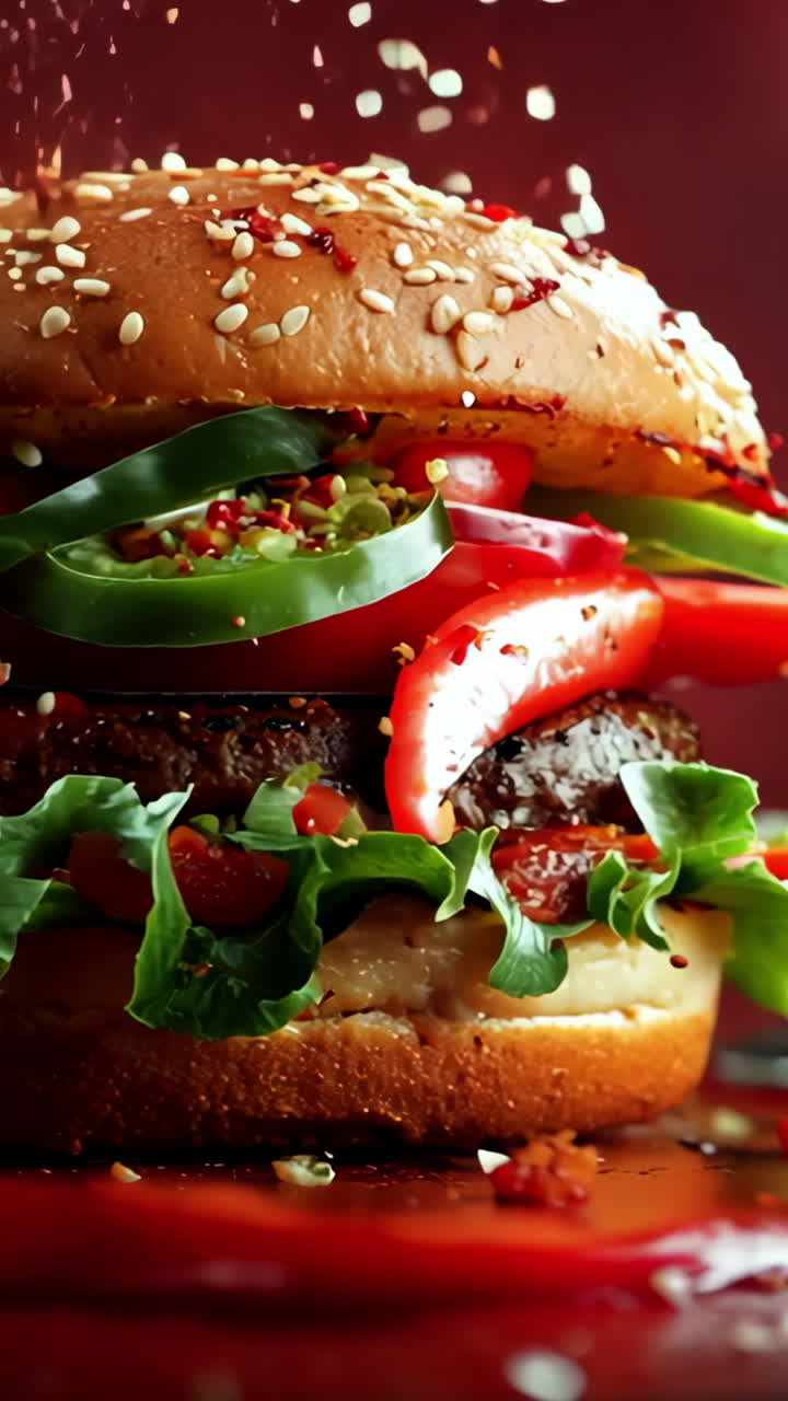 A burger with jalapenos and lettuce on it. The burger is on a red background