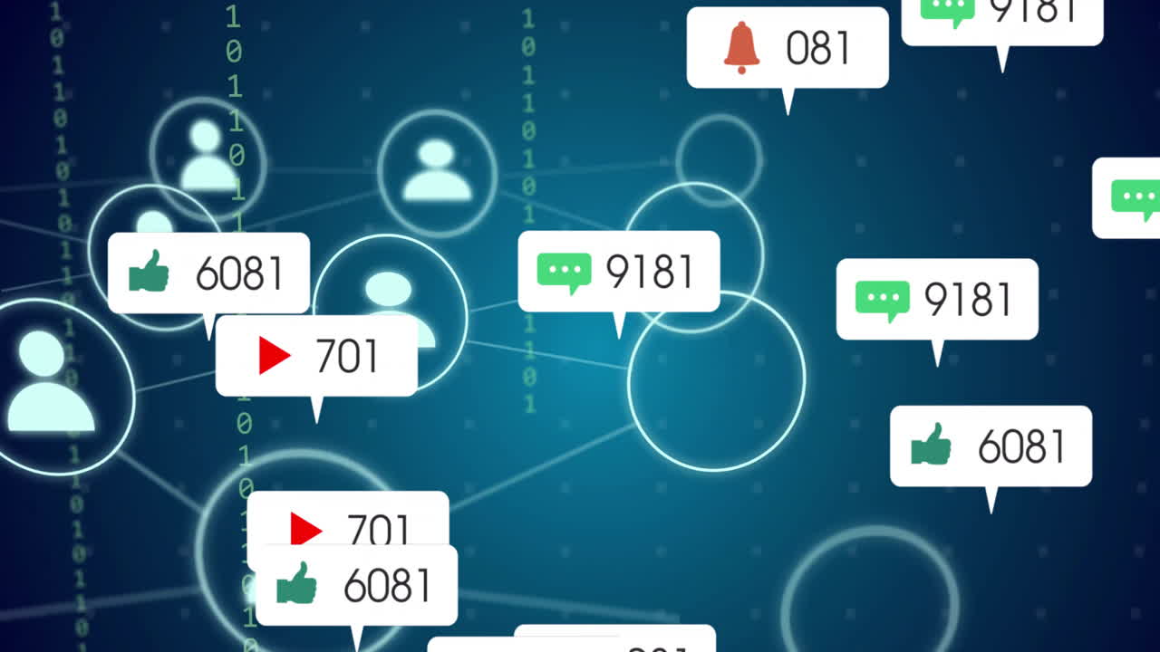 소셜 미디어 알림: 연결 네트워크 및 사용자 아이콘을 통해 애니메이션
