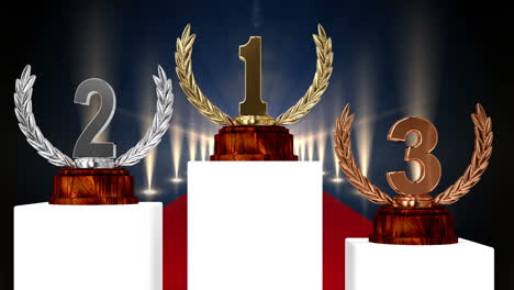 animación de los trofeos de primer, segundo y tercer lugar en la ceremonia de entrega de premios iluminada