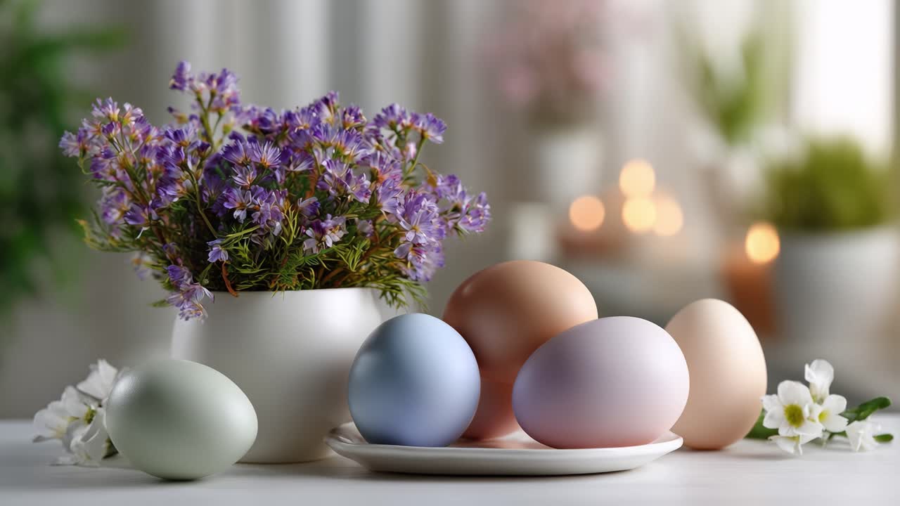 A Charming Display of Pastel Colored Eggs Surrounded by Fresh Flowers and Soft Candlelight, Capturing the Essence of Spring and Natural Beauty in the Scene