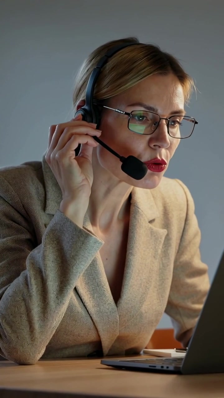 Video verticale: Donna con un blazer color cammello che regola le cuffie, chinata verso il laptop alla scrivania, mentre si unisce a una chiamata