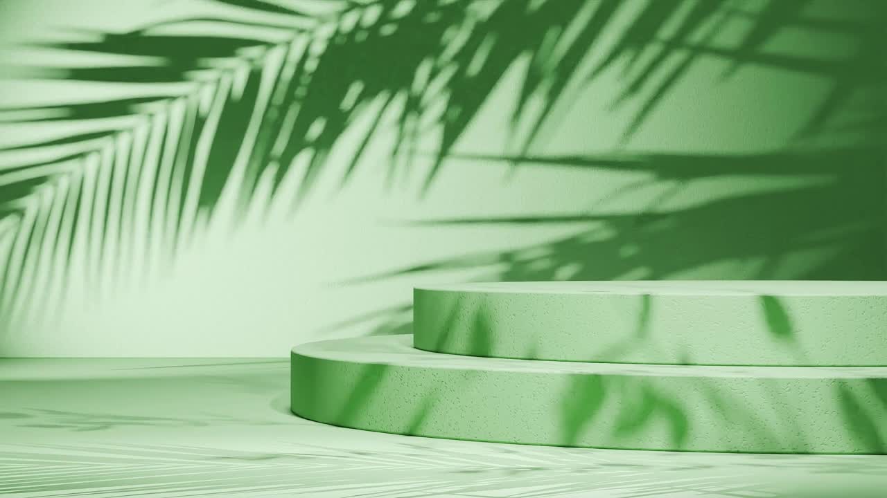 Minimal round podium with tropical palm leaf shadows on green background. Natural sunlight overlay in studio setting. Botanical and product display mockup. Design for banner, invitation, postcard.
