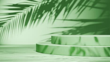 minimal round podium with tropical palm leaf shadows on green background. natural sunlight overlay in studio setting. botanical and product display mockup. design for banner, invitation, postcard.