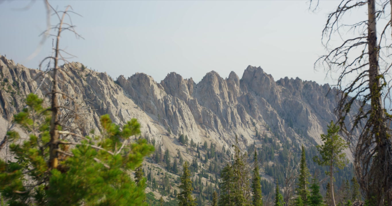 Sawtooth mountain ridge rising above evergreen forest near Sawtooth Lake Idaho wilderness, establishing backdrop