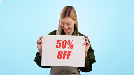 Happy-woman,-banner-and-sale-for-discount-price