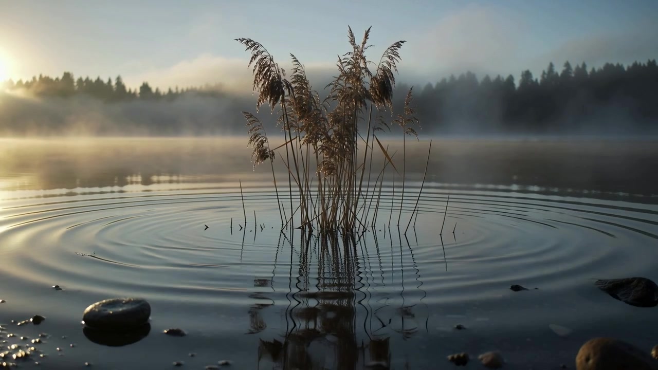 Forming disturbance near center reeds, cluster sending ripple rings across lake edge, sunlit mist