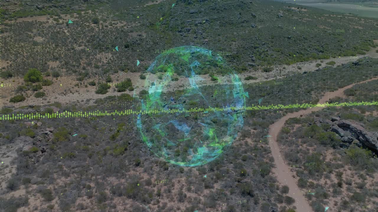 Teal holo sphere pulsing, morphing, emitting triangles while drone moving forward showing waveform