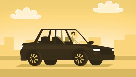 estilo hombre amarillo personaje plano conduciendo coche negro. animación de bucle aislado con canal alfa