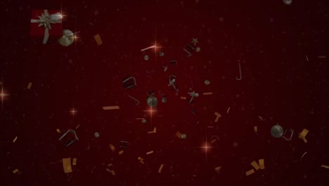 Christmas-celebrations-moving-against-confetti-on-red-background