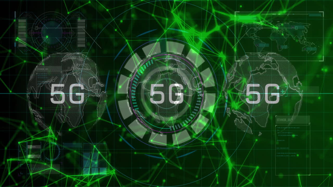 Digital globe with network connections showing 5G technology and green animation