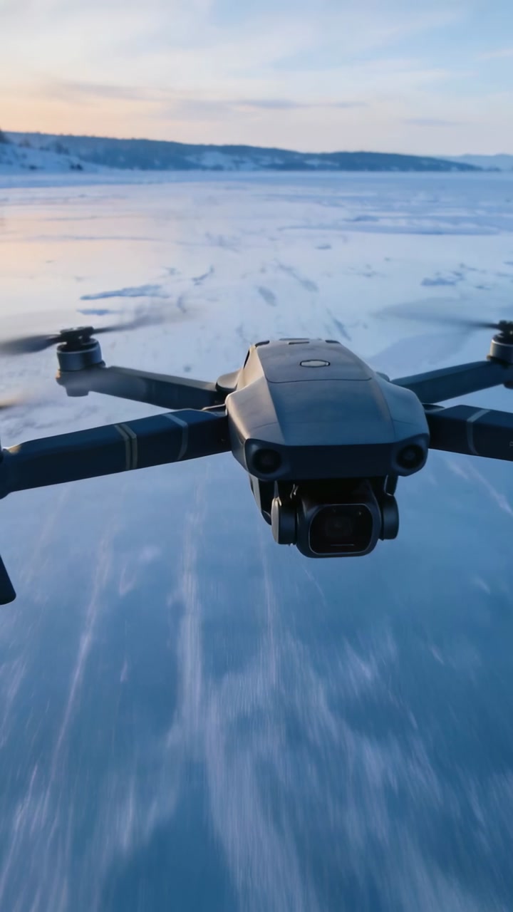 Modern Drone Flying Over Frozen Lake in Winter Landscape