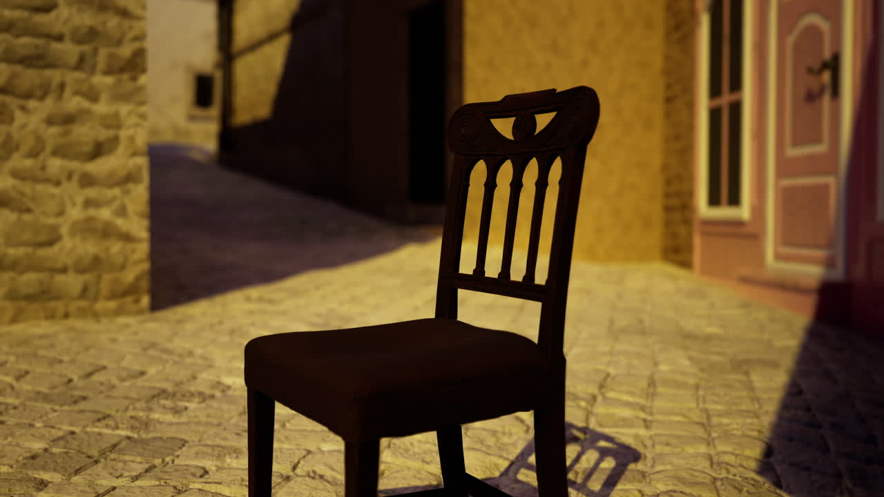Dark wooden chair on cobblestone street during twilight in a quaint village