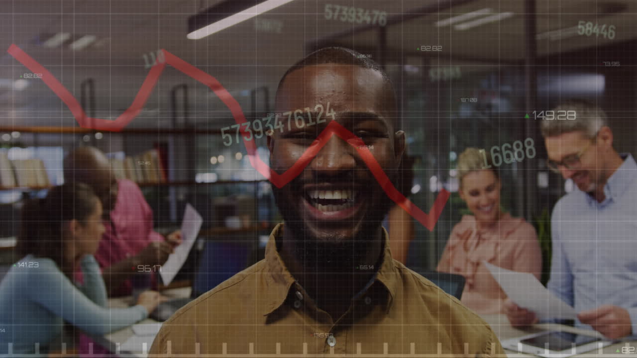 Animation of financial data processing over diverse business people working at office