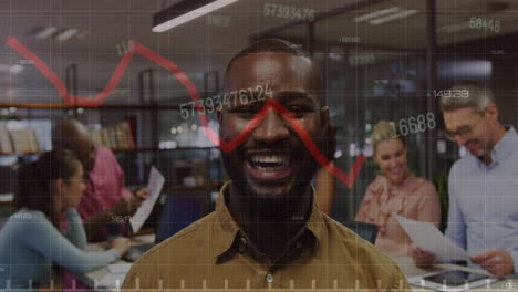 animation of financial data processing over diverse business people working at office