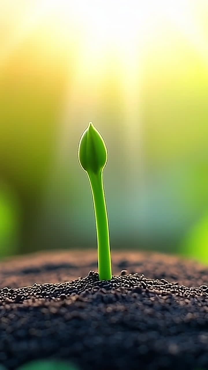 New plant sprouting in sunlight. A vibrant green shoot emerges from dark soil, surrounded by lush greenery, illuminated by golden sunlight.
