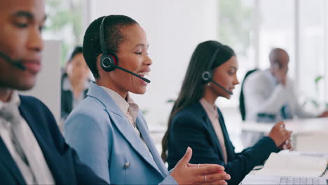 call center, laptop and happy black woman