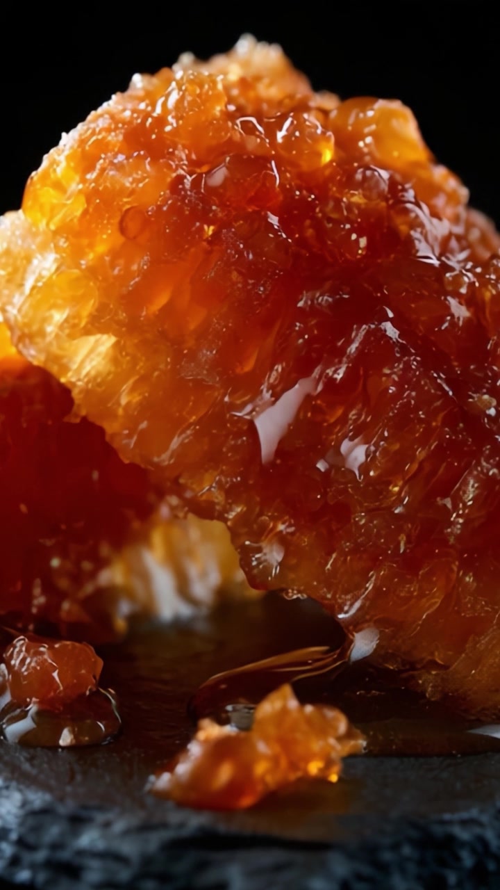 A Stunning Close-Up of Honeycomb, Showcasing Its Glorious Amber Color and Glossy Texture, Presenting the Natural Sweetness and Beauty of Honey