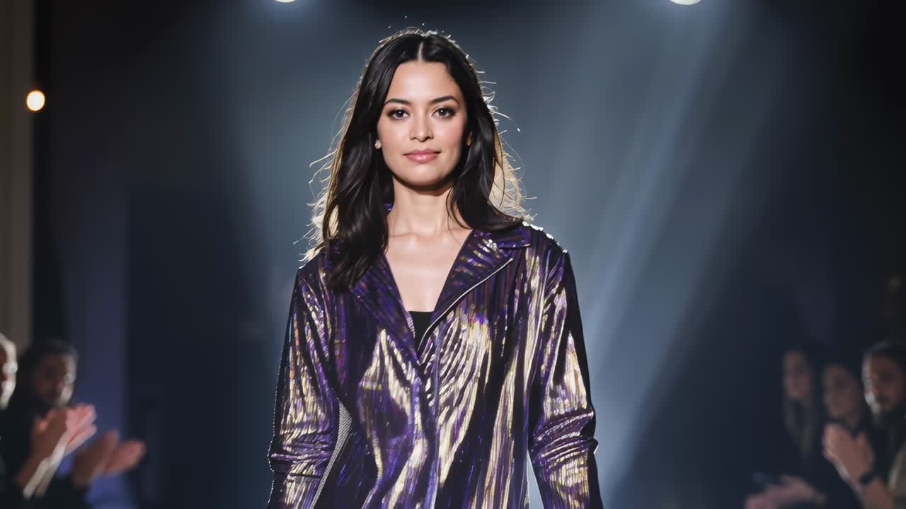 Walking adult female model presenting metallic purple coat on runway, spotlight cue initiating walk