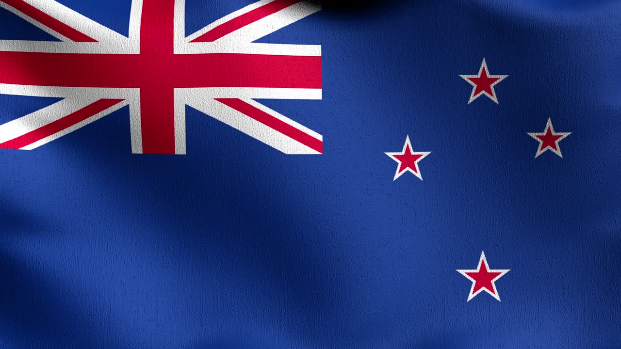 시엄리스 루프 4k vdo: 바람에 날아다니는 뉴질랜드 국기, 공식 애국 추상 디자인, 흔들리는 표지 기호의 3d 렌더링 일러스트레이션