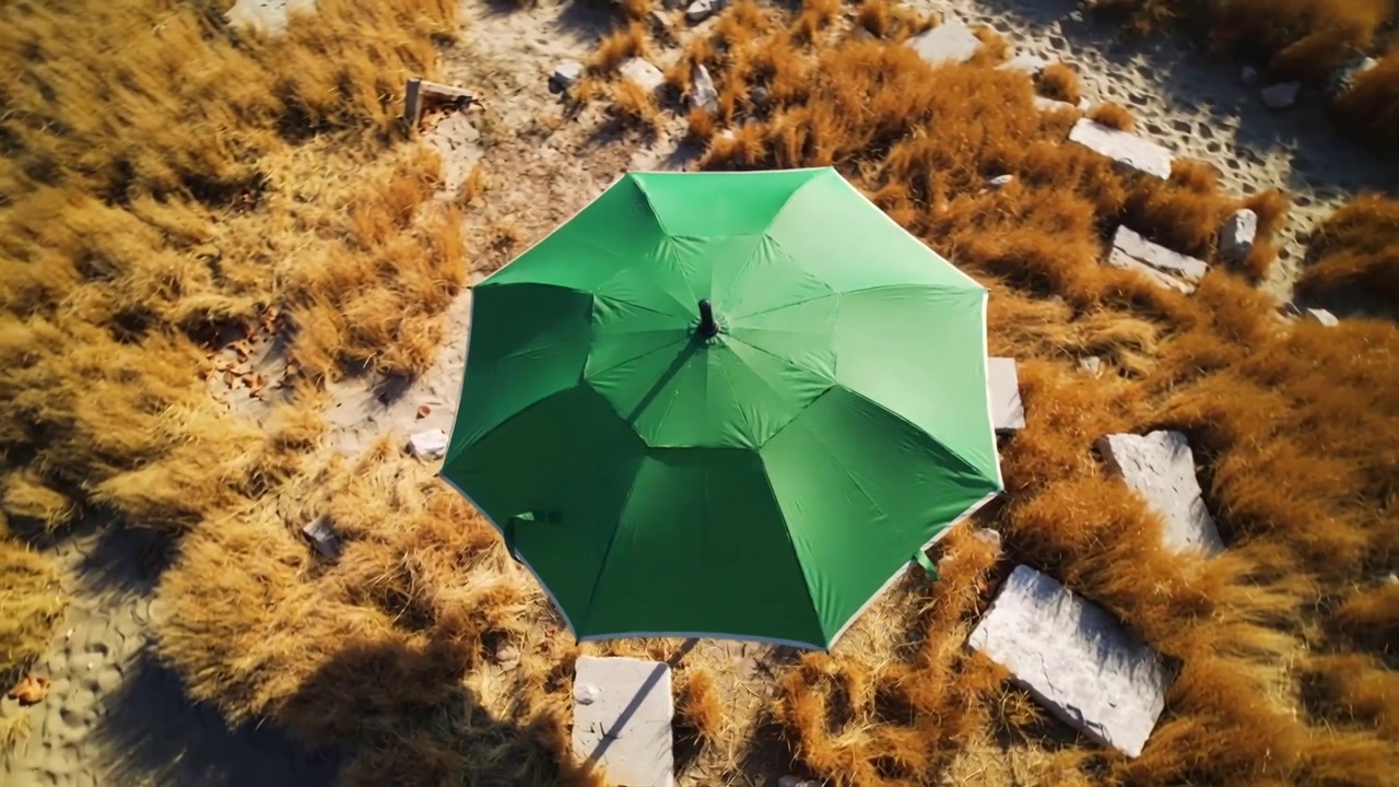 Telecamera drone in movimento che si avvicina sopra una duna di sabbia, rivelando un ombrellone verde, la sua base e delle pietre.