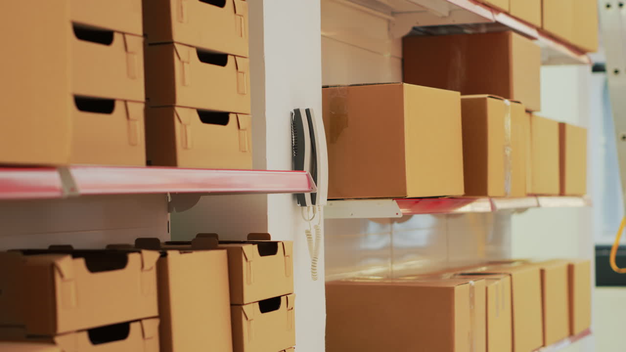Shelves of Cardboard Boxes in a Warehouse