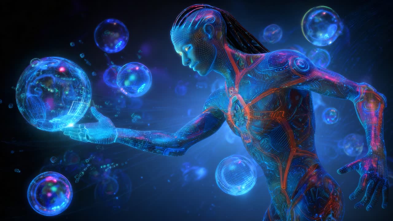 A futuristic humanoid figure interacts with glowing orbs in a captivating digital realm, blending technology and artistry in a mesmerizing visual experience