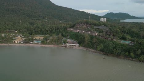 evening aerial view of pantai damai central santubong and sarawak cultural village, borneo