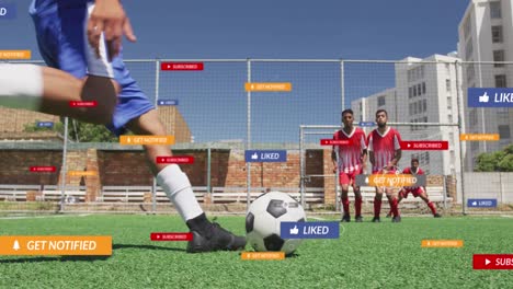 Social-media-concept-icons-against-male-soccer-player-taking-a-freekick-on-sports-field