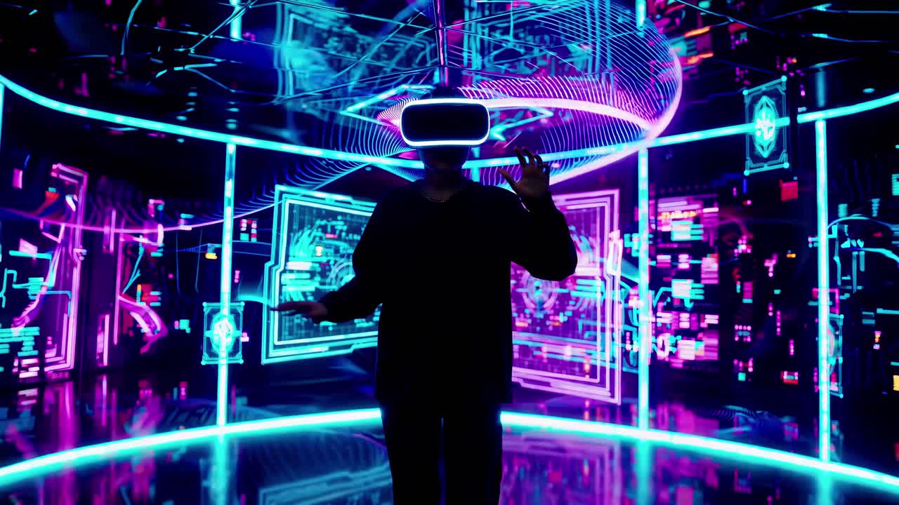Futuristic video concept with a person in VR gear, surrounded by neon lights and digital screens