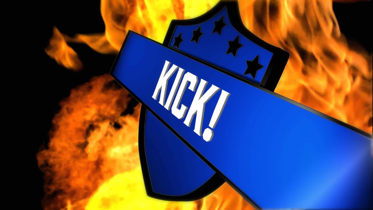 Animation of kick text on shield over flames on dark background