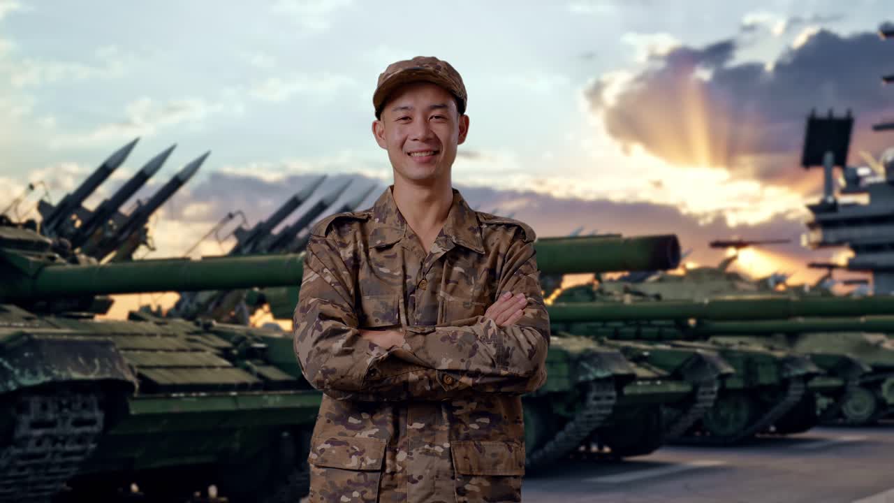 戦車を背に、腕を組み笑顔を見せるアジア人男性兵士