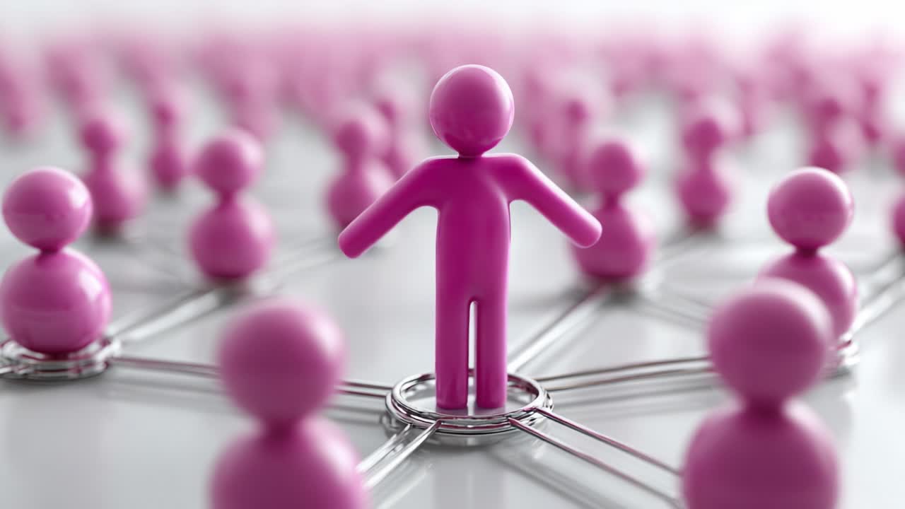 A Vibrant Network of Connection: The Central Figure in a sea of Pink Figures Emphasizes Leadership and Community Engagement in a Visual Representation of Social Dynamics
