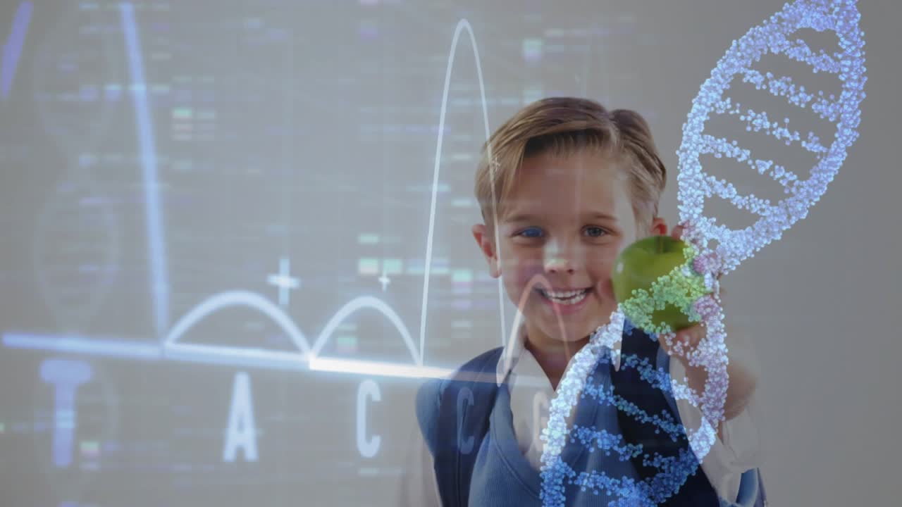 Boy inspecting apple causing graph and helix overlays animating, lifting apple illustrating science