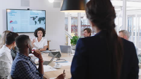 rear-view-business-woman-executive-meeting-with-colleagues-in-boardroom-sharing-leadership-ideas-discussing-management-strategy-briefing-shareholders-in-office-4k