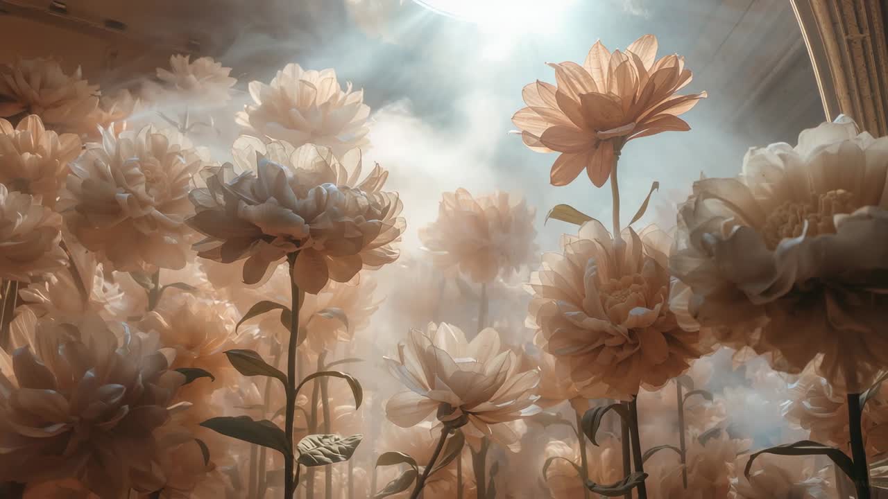 Fiori di pesco con panning, la camera si sposta in avanti mostrando petali retroilluminati, nebbia, steli ondeggianti nell'atrio