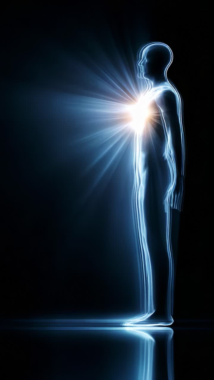 Una fuente de energía brillante en el corazón de una silueta: una representación abstracta de la vitalidad humana y la fuerza vital en un entorno oscuro