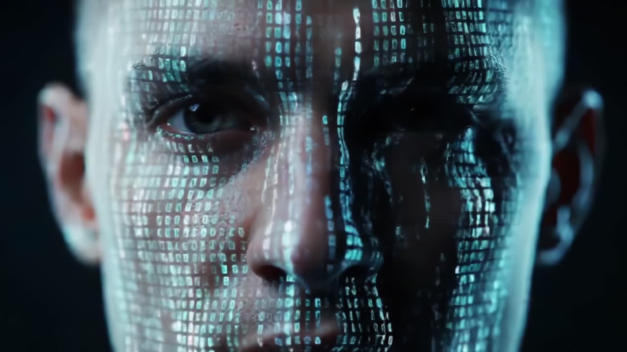 Un'esplorazione intrigante dell'identità umana e della tecnologia, che mostra un volto illuminato da codice digitale a cascata, fondendo l'umanità con il mondo digitale in una rappresentazione artistica