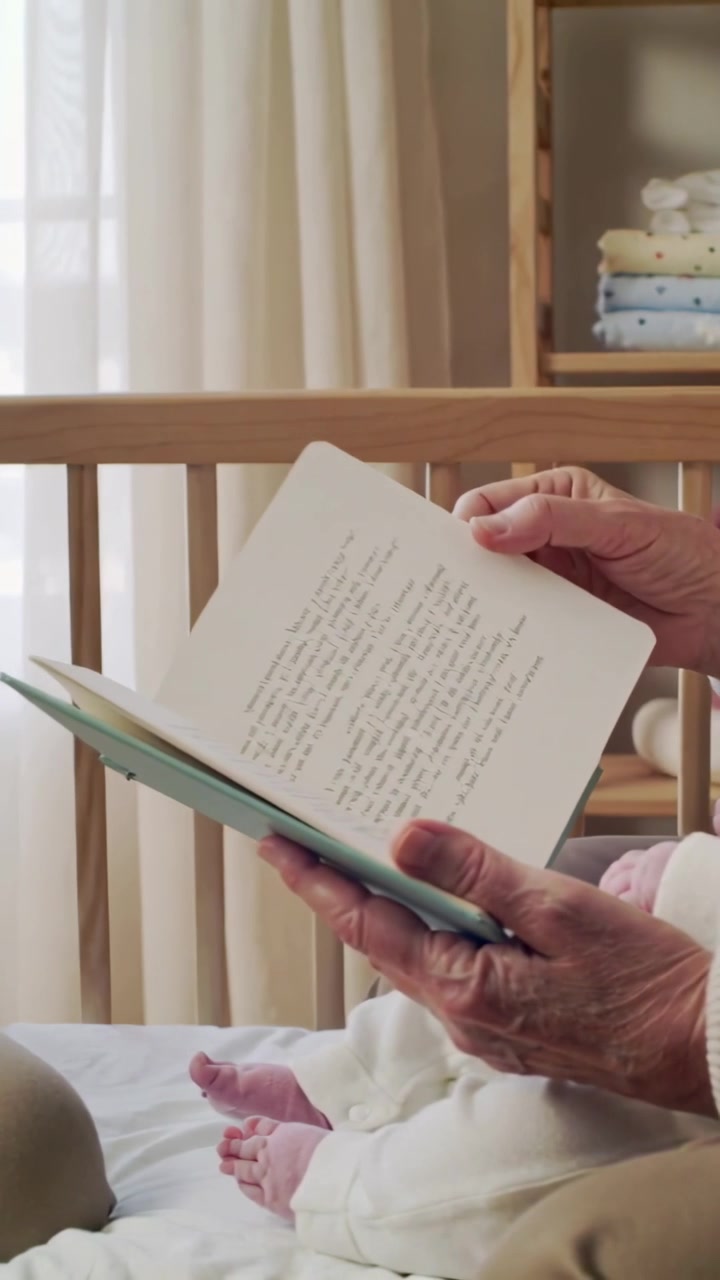 Vertical video: Placing senior hands in knit, reading board book to infant in white at nursery crib