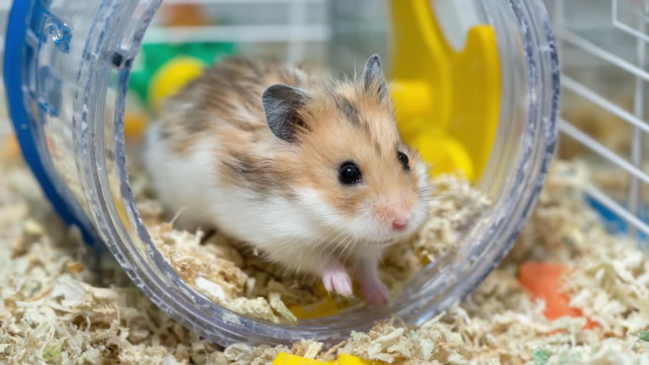 A Curious Hamster Exploring Its Colorful Exercise Wheel and Cozy Habitat, Playfully Interacting with Its Surroundings in a Bright Setting