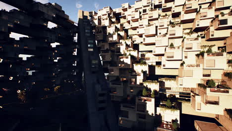 A futuristic high-rise apartment building with a unique geometric design