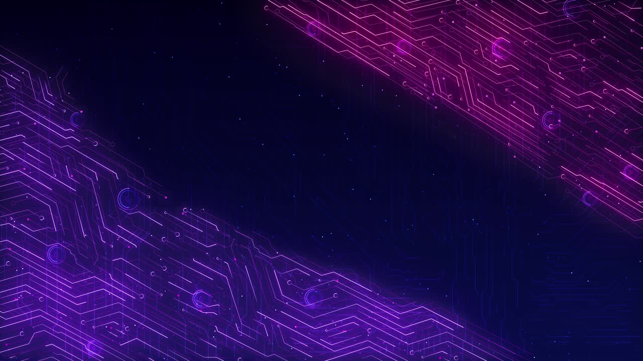 Futuristic circuit board plexus glowing purple traces merged digital grid floating particles sense