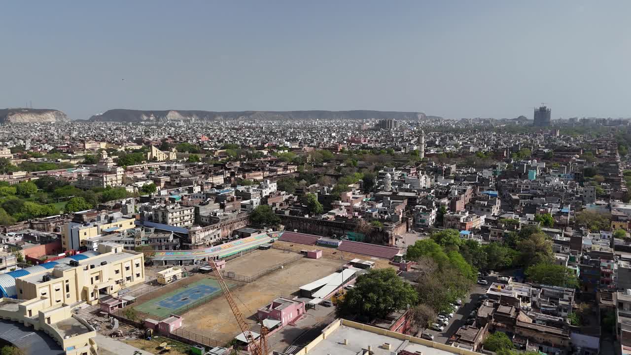 City view of Jaipur from above highlighting transport networks and city blocks