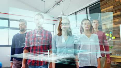 Animation-of-data-over-diverse-male-and-female-business-colleagues-walking-in-office