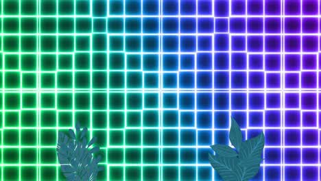 Animation-of-leaves-over-neon-squared-background