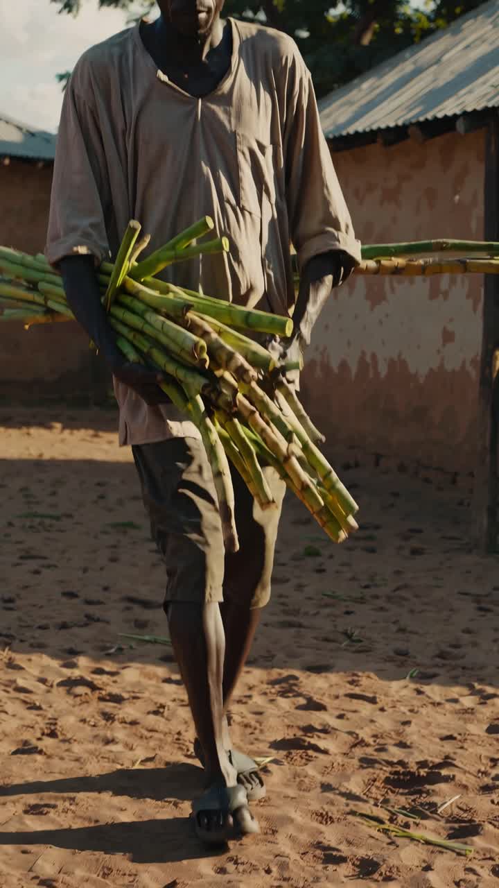 African farmer walks across a dirt yard, carrying a bundle of freshly harvested sugarcane stalks, showcasing the agricultural life in a rural village