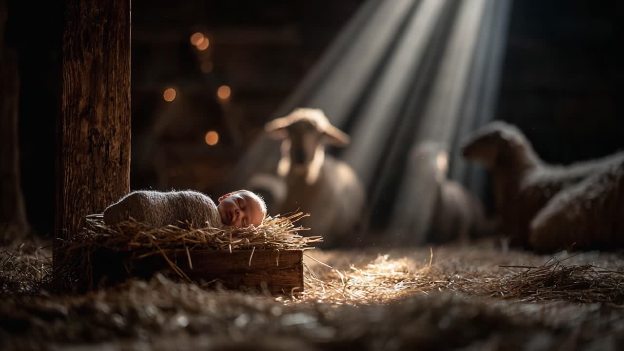 A Serene Moment: A Newborn Baby Nestled in Straw Surrounded by Soft Light and Gentle Sheep, Embodying Peace and Innocence in a Rustic Setting