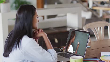 Caucasian-female-student-using-laptop-on-video-call-with-female-teacher