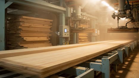 high-tech wood processing facility: automated machinery crafting precision lumber in a dimly lit industrial environment